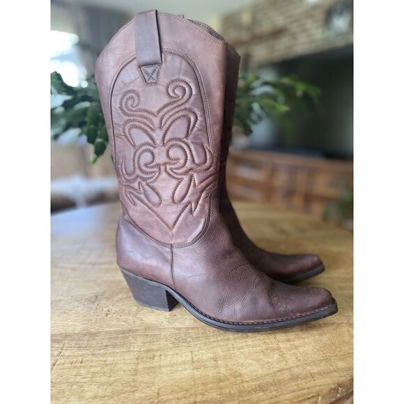 Women’s High Noon Brown Leather Cowboy Boots Size 8.5 M Made in Brazil - Picture 1 of 10